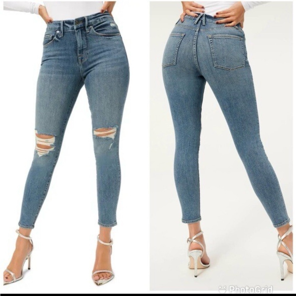 GOOD AMERICAN Blue Good Legs High Rise Ripped Distressed Skinny Jean